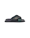 Green and Black cross leather slide with silhouette logo
