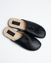 Black Mules with big black silhouette logo