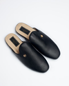 Black Mules with gold silhouette logo