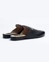 Black Mules with gold silhouette logo
